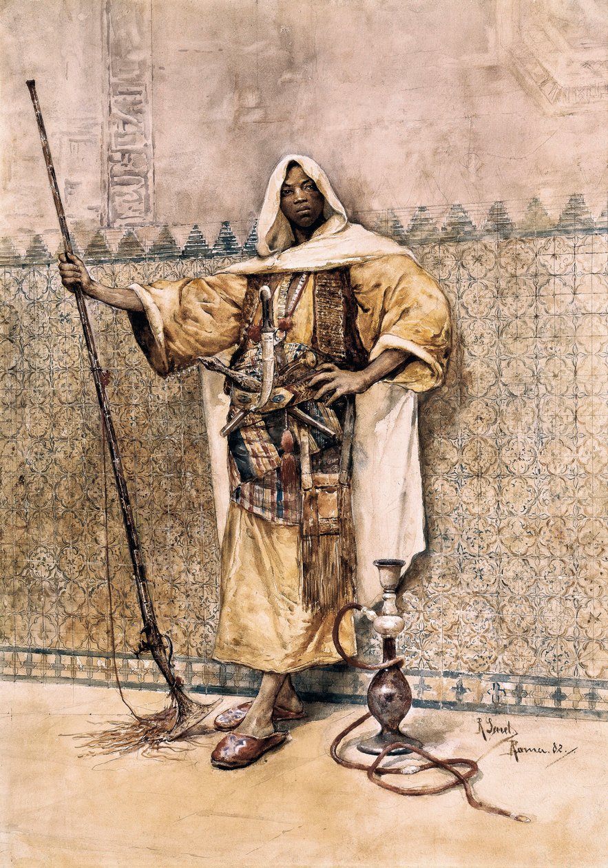 Orientalisme: "" Portræt af en arabisk mand, soldatervåben, han bærer knive ved bæltet "" Akvarel af Rafael Senet y Perez (1856-1926) 1881 Sevilla. Museum for Skønne Kunster. af Rafael Senet
