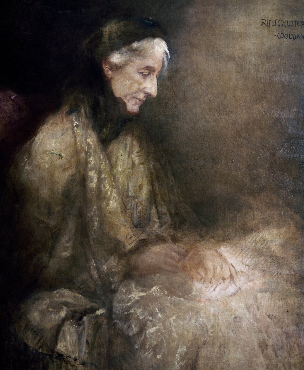 Portræt af Cosima Wagner (1838 - 1930), datter af Franz Liszt, kone til Richard Wagner (olie på lærred) af Raffael Woldan Schuster