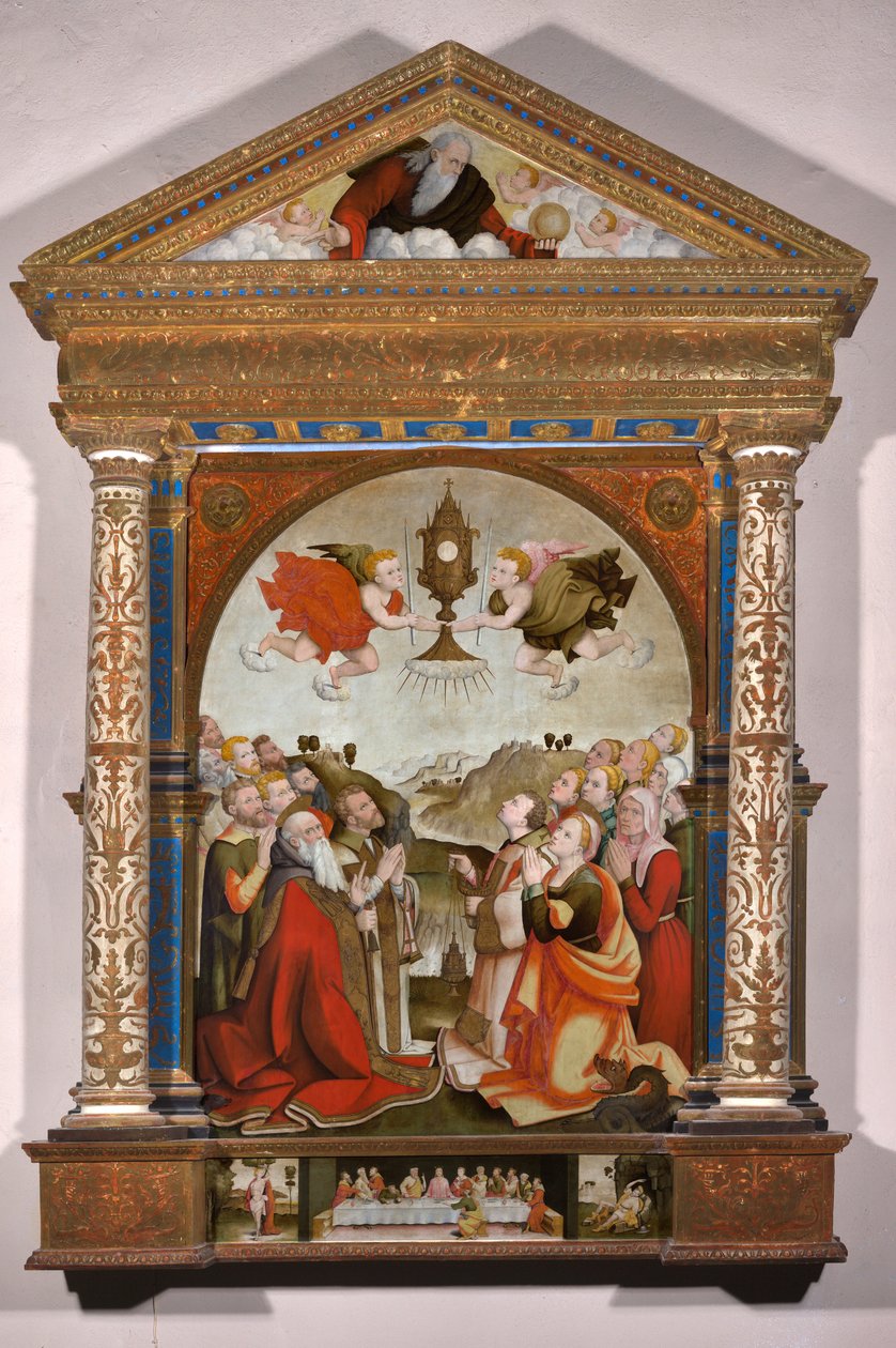 Altertavle med tilbedelse af det hellige sakramente i predellaen: Den sidste nadver, Sankt Sebastian og Sankt Rochus af Raffaele De (fl.1514 1573) Pancalino