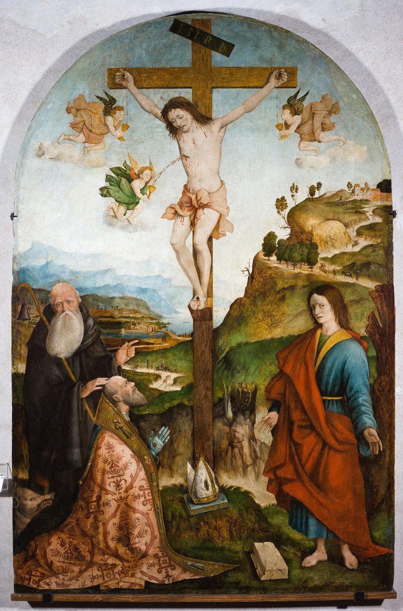 Korsfæstelse, ca. 1528 (tempera på panel) af Raffaele De (fl.1514 1573) Pancalino
