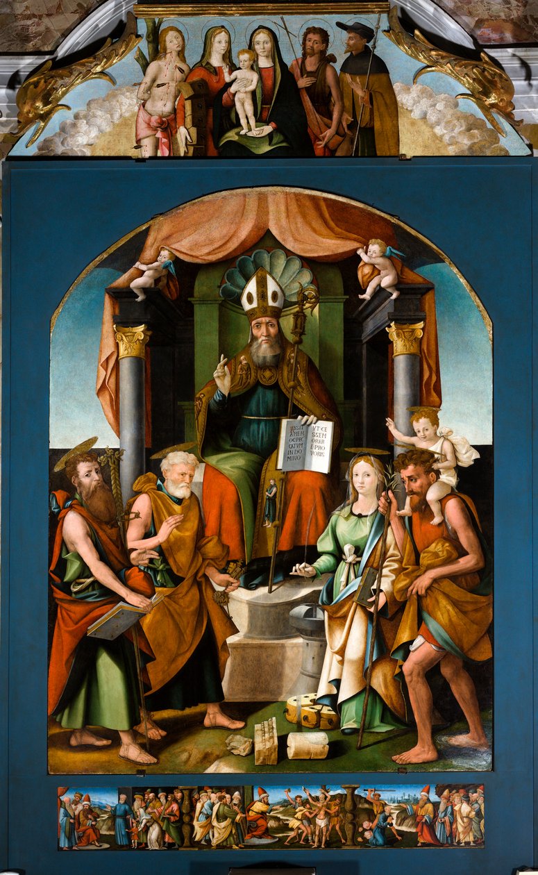 Sankt Blaise tronende mellem helgenerne Peter, Paulus, Katarina af Alexandria og Kristoffer, central altertavle af Raffaele De (fl.1514 1573) Pancalino