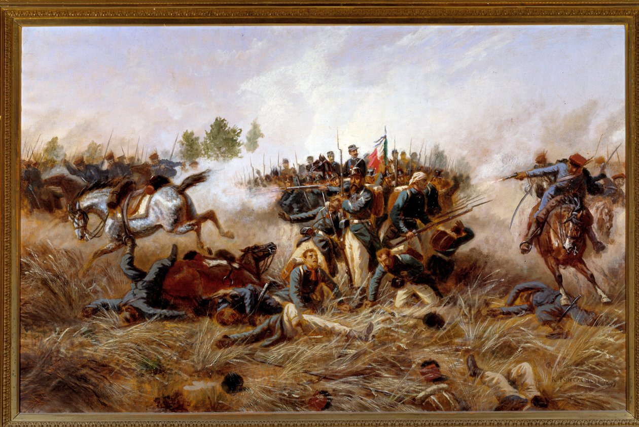 Risorgimento, østrigsk-preussiske krig (tredje italienske uafhængighedskrig): udsigt over slaget ved Custoza (Custozza) 24/06/1866 - (tredje italienske uafhængighedskrig, slaget ved Custoza den 24. juni 1866) Maleri af Raffaele Pontremoli (1832) -1905) 189 af Raffaele Pontremoli