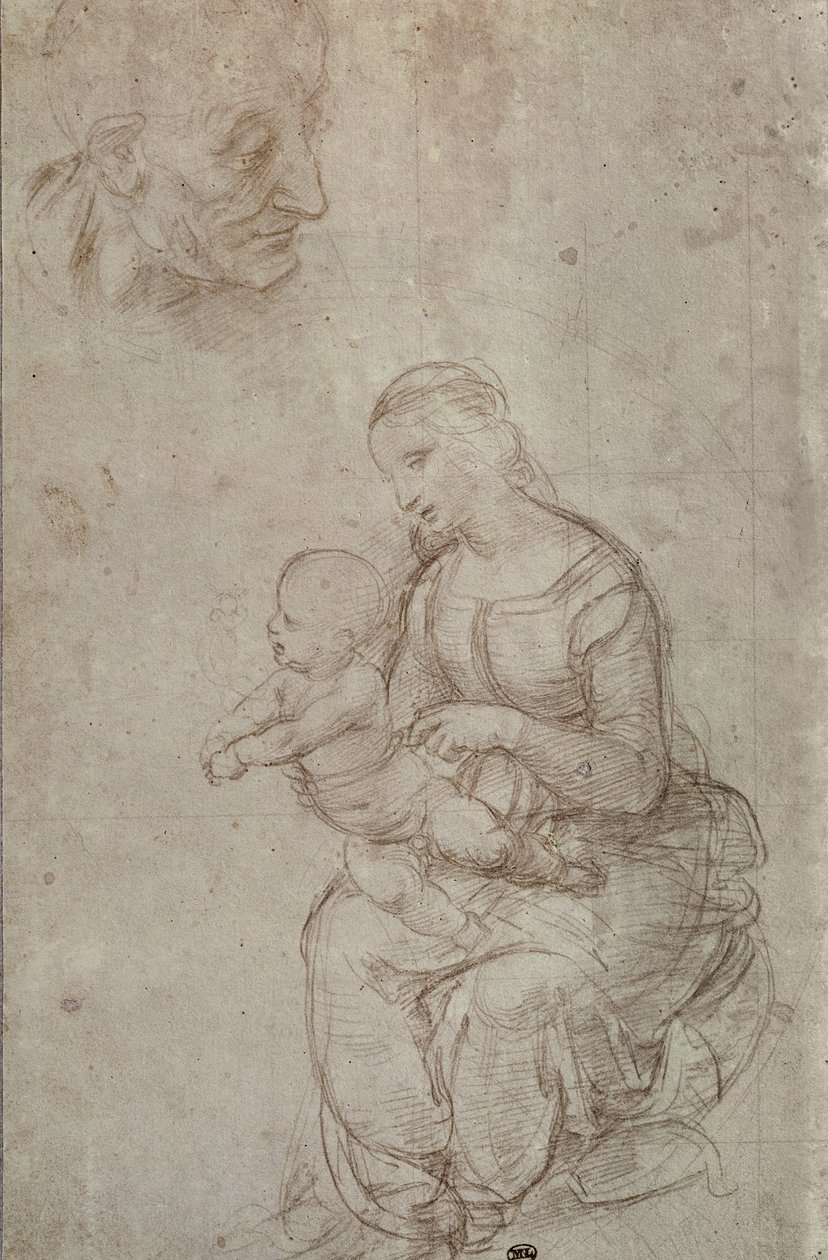 Madonna og barn og hovedet af en gammel mand (metalspids på forberedt lyserødt papir) af Raffaello Sanzio Raphael