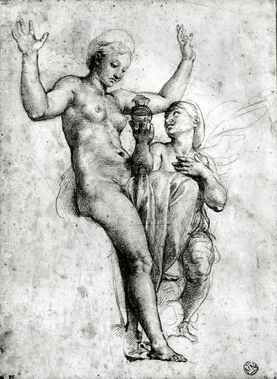 Psyche præsenterer Venus for vand fra Styx, 1517 (rødt kridt på papir) af Raffaello Sanzio Raphael