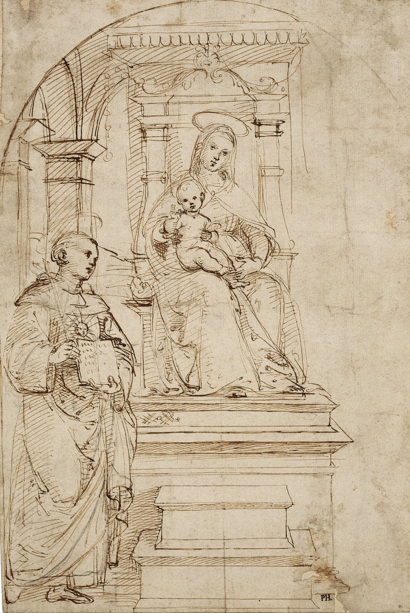 Skitse til en tronende Jomfru og barn med Sankt Nikolaus af Tolentino af Raffaello Sanzio Raphael