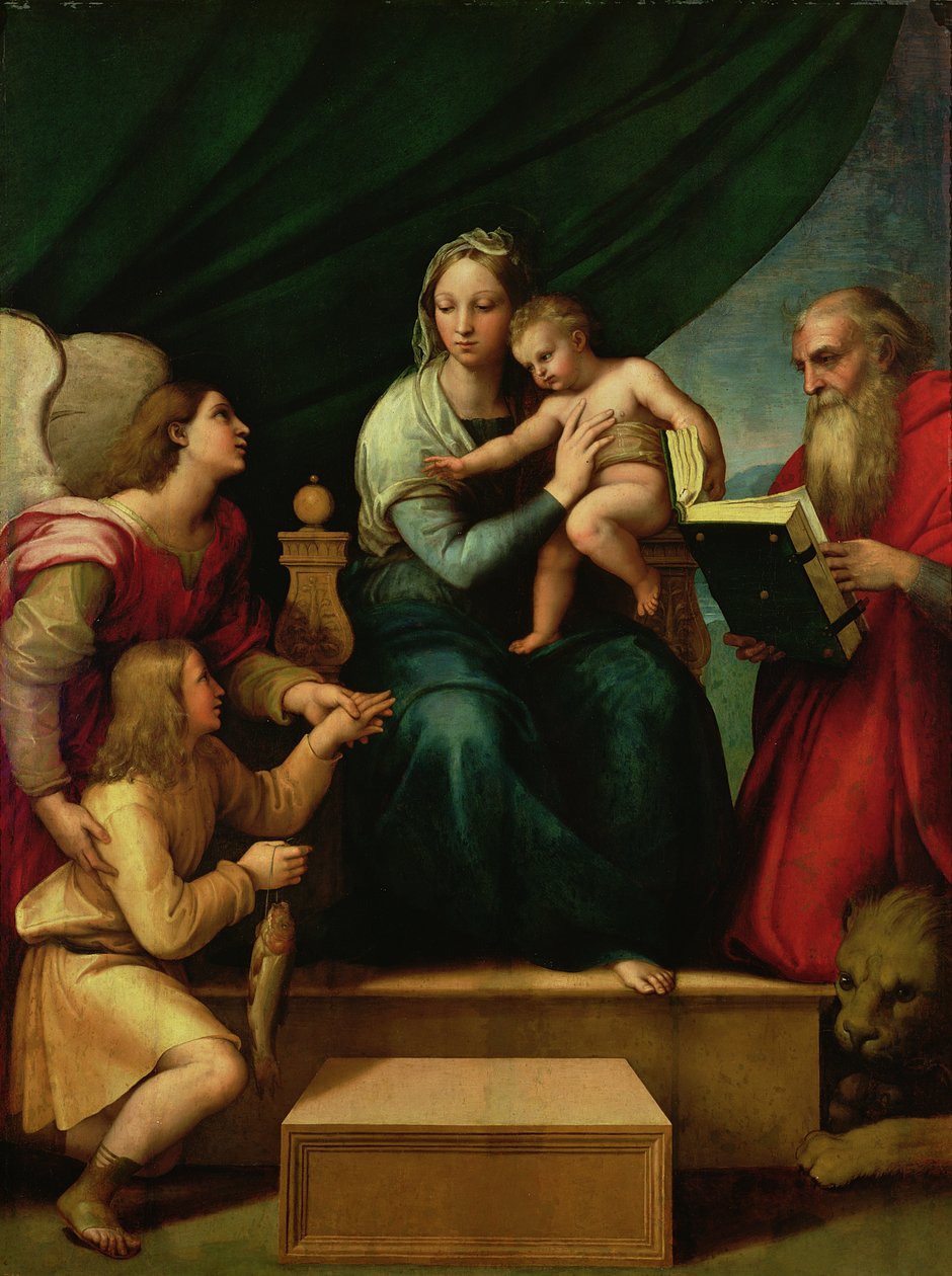 Fiskens Madonna (Madonnaen med ærkeenglen Gabriel og St. Hieronymus) ca. 1513 af Raffaello Sanzio Raphael