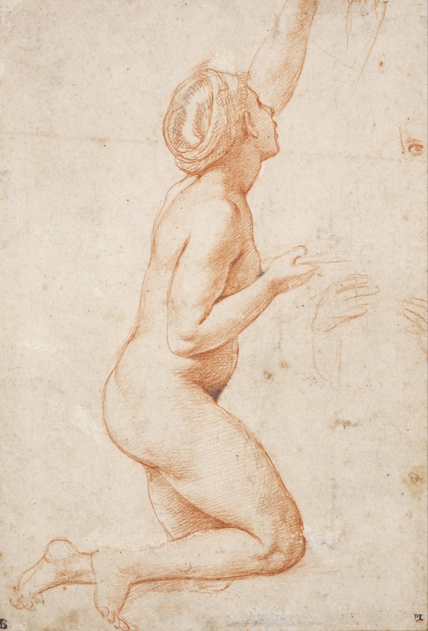 En knælende nøgen kvinde med hævet venstre arm af Raffaello Sanzio Raphael
