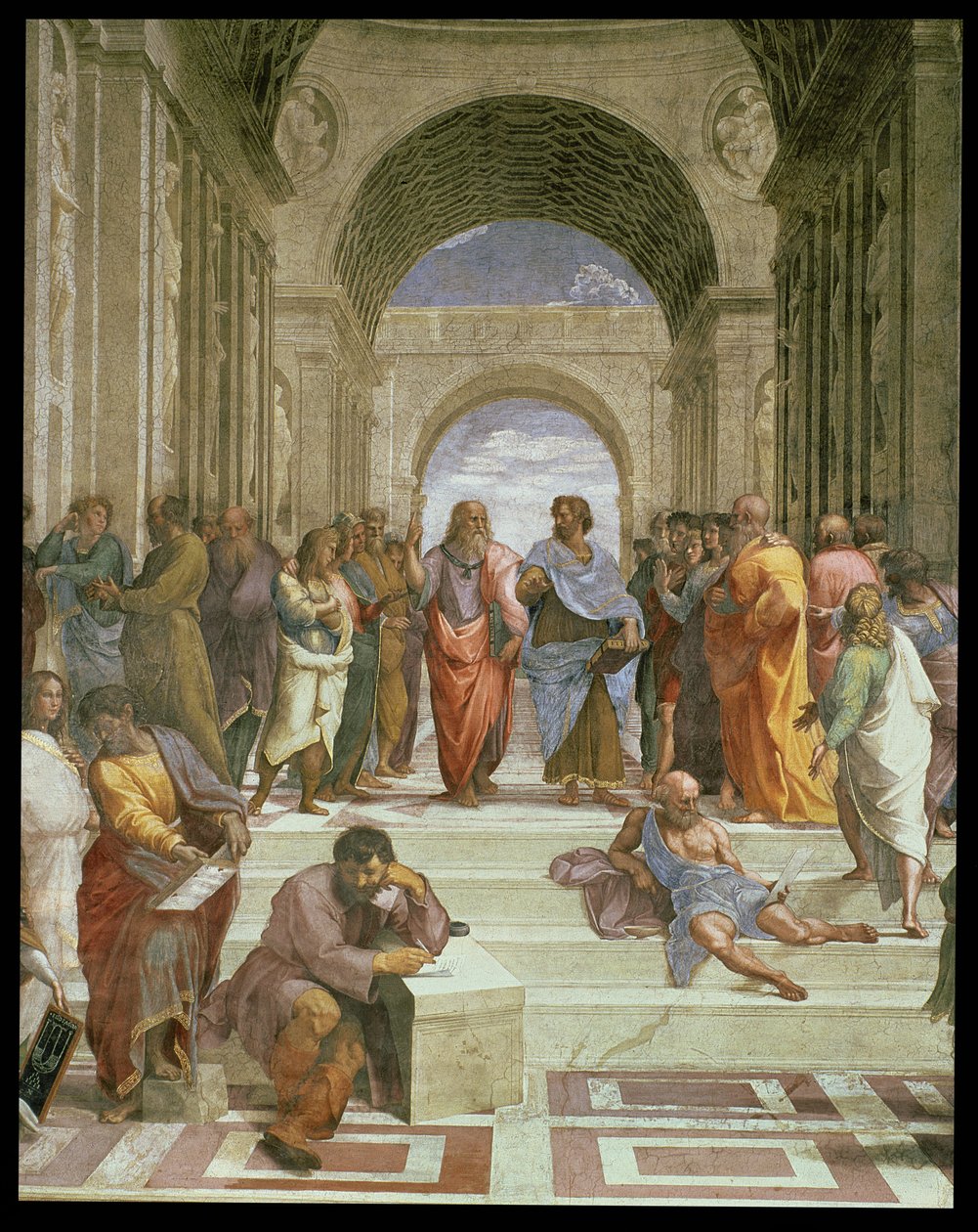 Athenskolen, detalje af midten med forskellige figurer, bl.a. Platon, Aristoteles, Michelangelo som Heraklit og Diogenes, 1510-11, fresko detalje fra 472 af Raffaello Sanzio Raphael