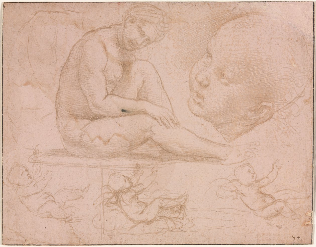 Studier af en siddende kvinde, barnets hoved og tre studier af en baby, ca. 1507-8. af Raffaello Sanzio Raphael