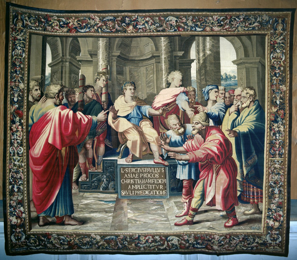 Gobelin, der forestiller Apostlenes Gerninger. The Blinding of Elymas, vævet på Beauvais Workshop under ledelse af Philippe Behagle (1641-1705), 1695-98 (uldtapet) af Raffaello Sanzio Raphael