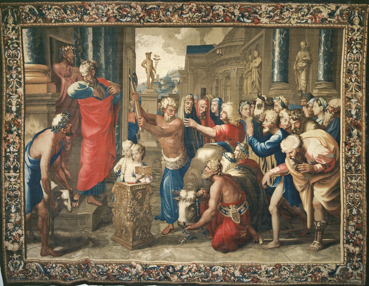 Gobelin, der forestiller Apostlenes Gerninger, Lystra-offeret, vævet på Beauvais-værkstedet under ledelse af Philippe Behagle (1641-1705), 1695-98 (uldtapet) af Raffaello Sanzio Raphael