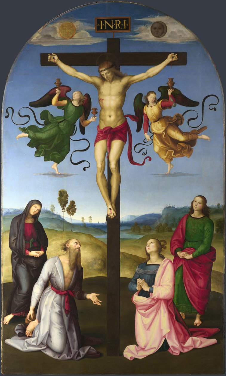 Den korsfæstede Kristus med Jomfru Maria, hellige og engle Mond-korsfæstelsen, 1502-1503 af Raffaello Sanzio Raphael