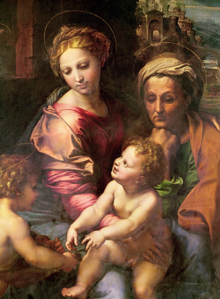 Den hellige familie (eller perlen), detalje: Jomfruen, Saint Elizabeth og barnet, ca. 1518 (olie på træ) af Raffaello Sanzio Raphael