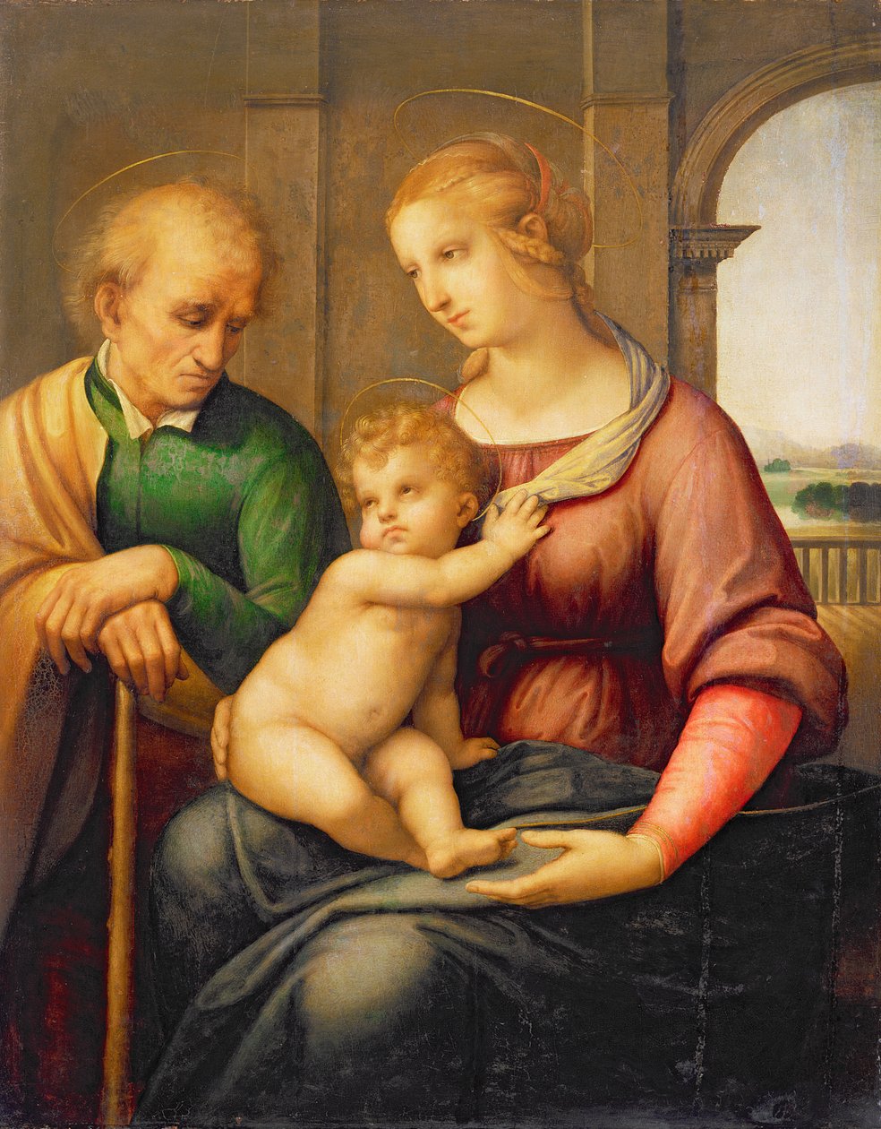 Den hellige familie, eller Madonna med den skægløse Joseph, ca. 1506 (tempera og olie på lærred overført fra panel) af Raffaello Sanzio Raphael