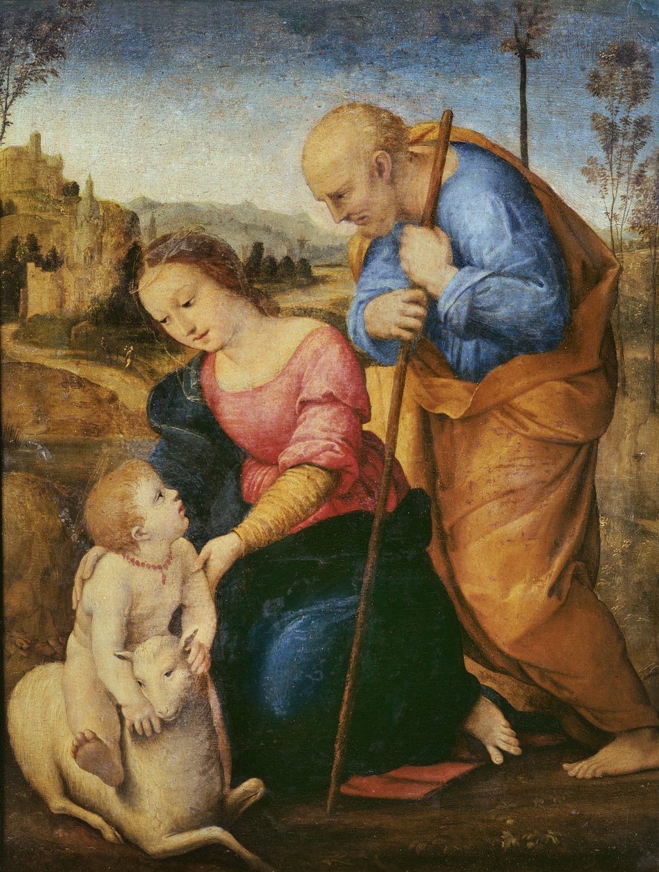 Den hellige familie med et lam (olie på træ) af Raffaello Sanzio Raphael