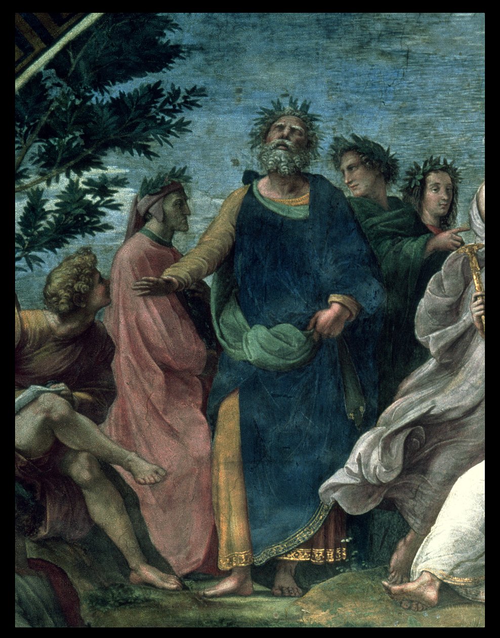 Parnassus, detalje af Homer, Dante og Vergil, i Stanze della Segnatura, 1510-11 af Raffaello Sanzio Raphael