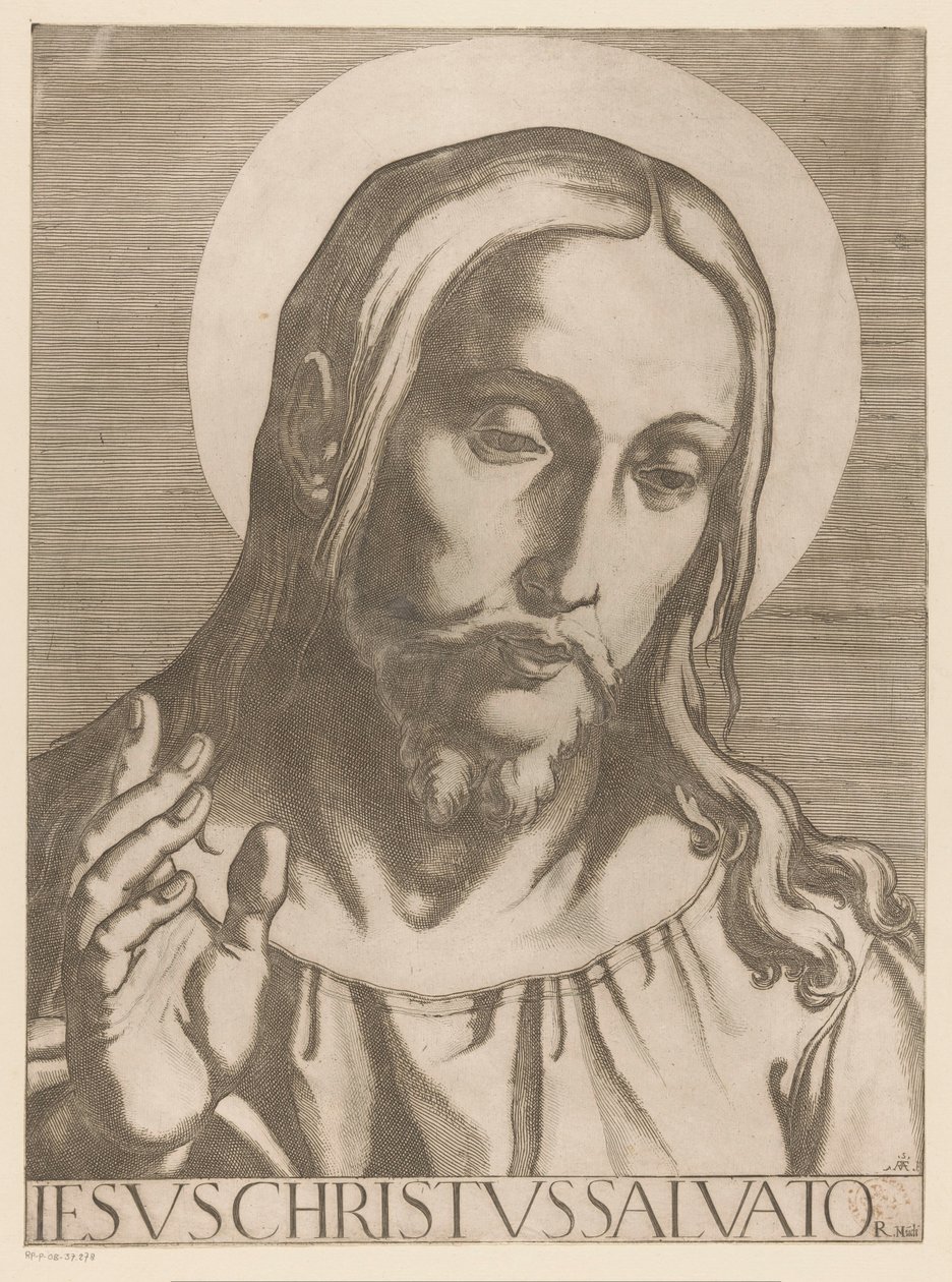 Kristus Jesus Christ Salvator Mudi (titel på objekt) Kristus, Maria og de tolv apostelen (serietitel) The Sacred Apostolic College (serietitel) af Raffaello Schiaminossi