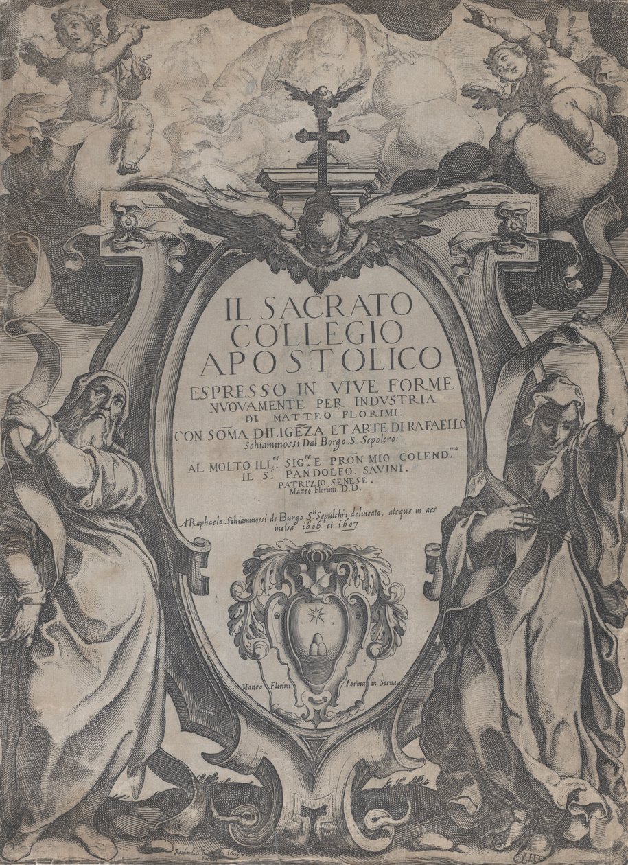Frontispice med to figurer, der holder ruller og keruber, der flankerer cartouchen ved cen..., 1606-07. af Raffaello Schiaminossi