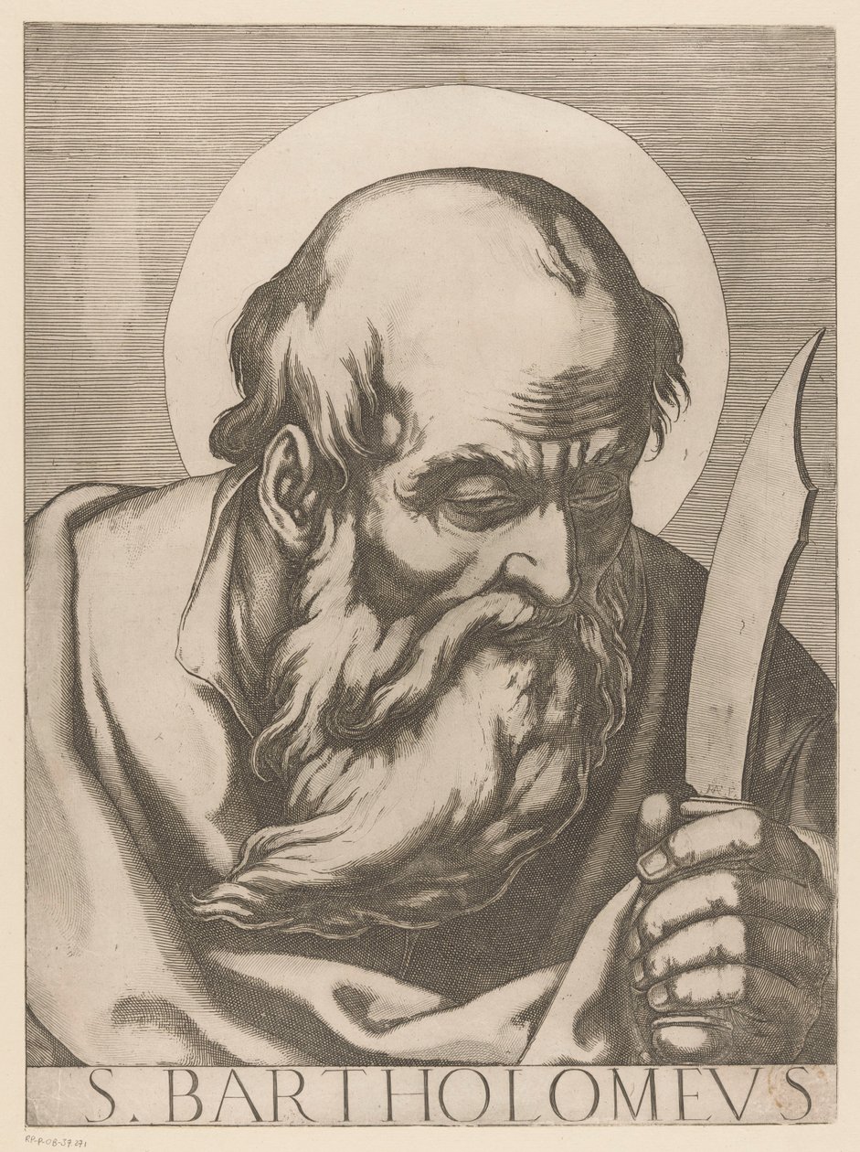 Sankt Bartolomæus S. Bartholomew (titel på objekt) Kristus, Maria og de tolv apostle (serietitel) Il sacrato collegio apostolico (serietitel) af Raffaello Schiaminossi