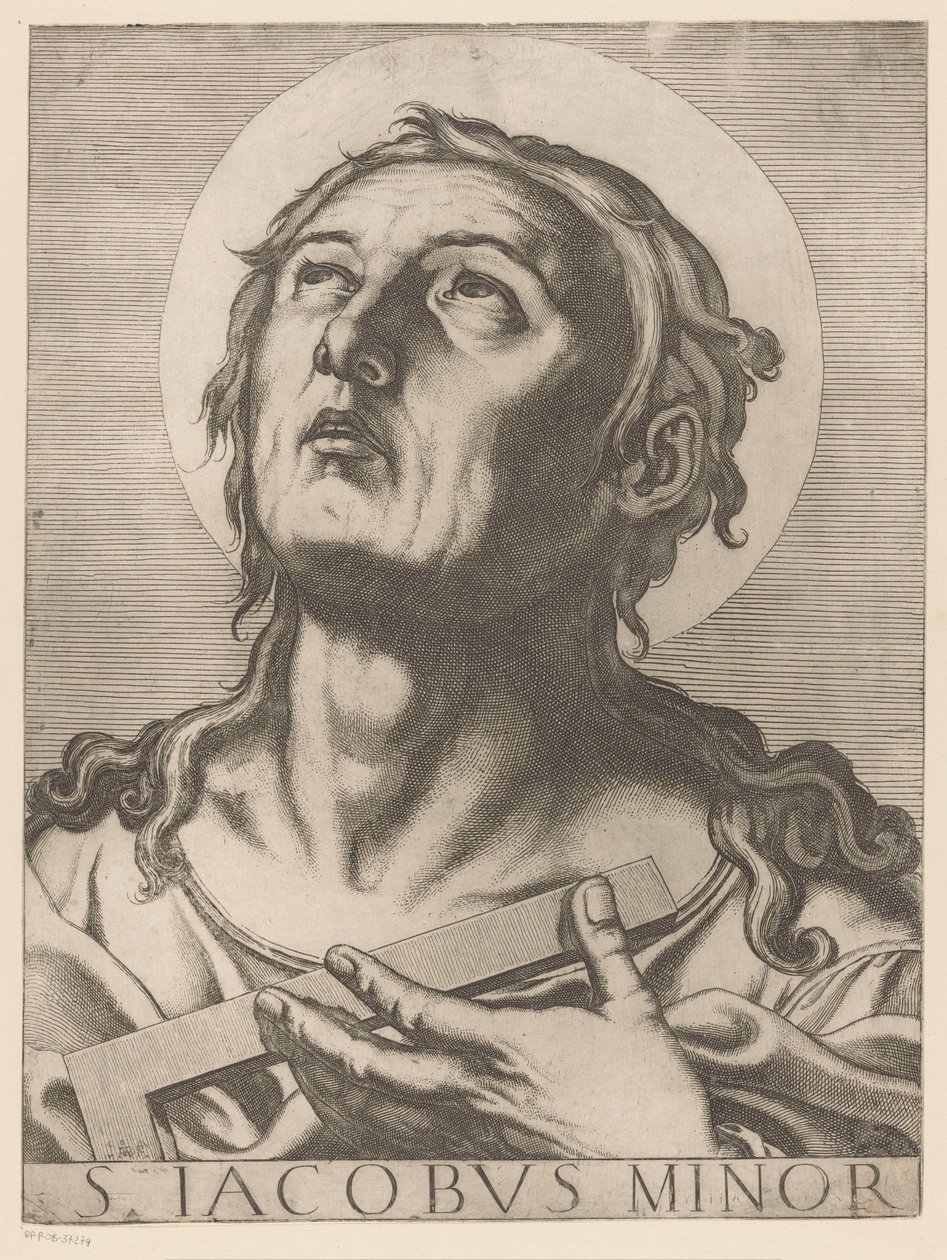 Heilige Jakobus de Mindere St. Jakob den Mindre (titel på objekt) Kristus, Maria og de tolv apostelen (serietitel) The Sacred Apostolic College (serietitel) af Raffaello Schiaminossi
