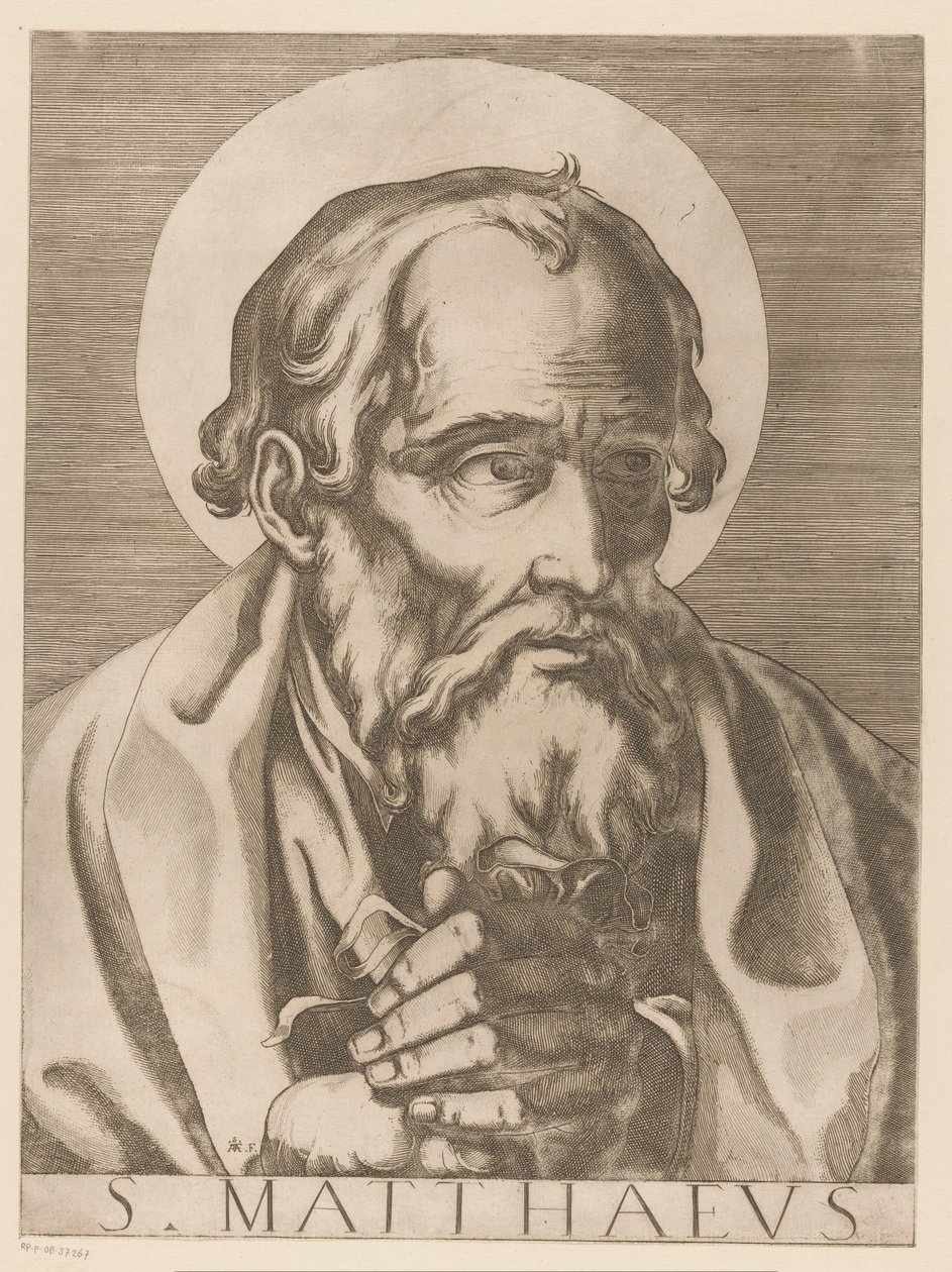 Sankt Matthæus S. Matthaeus (titel på objekt) Kristus, Maria og de tolv apostle (serietitel) Il sacrato collegio apostolico (serietitel) af Raffaello Schiaminossi