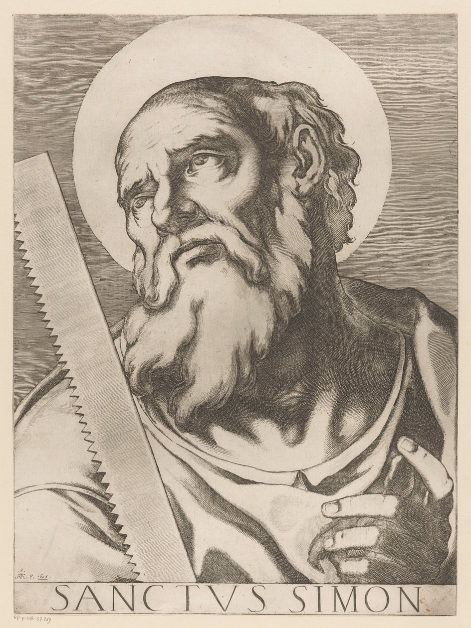 Sankt Simon Zelotes Saint Simon (titel på objekt) Kristus, Maria og de tolv apostelen (serietitel) The Sacred Apostolic College (serietitel) af Raffaello Schiaminossi
