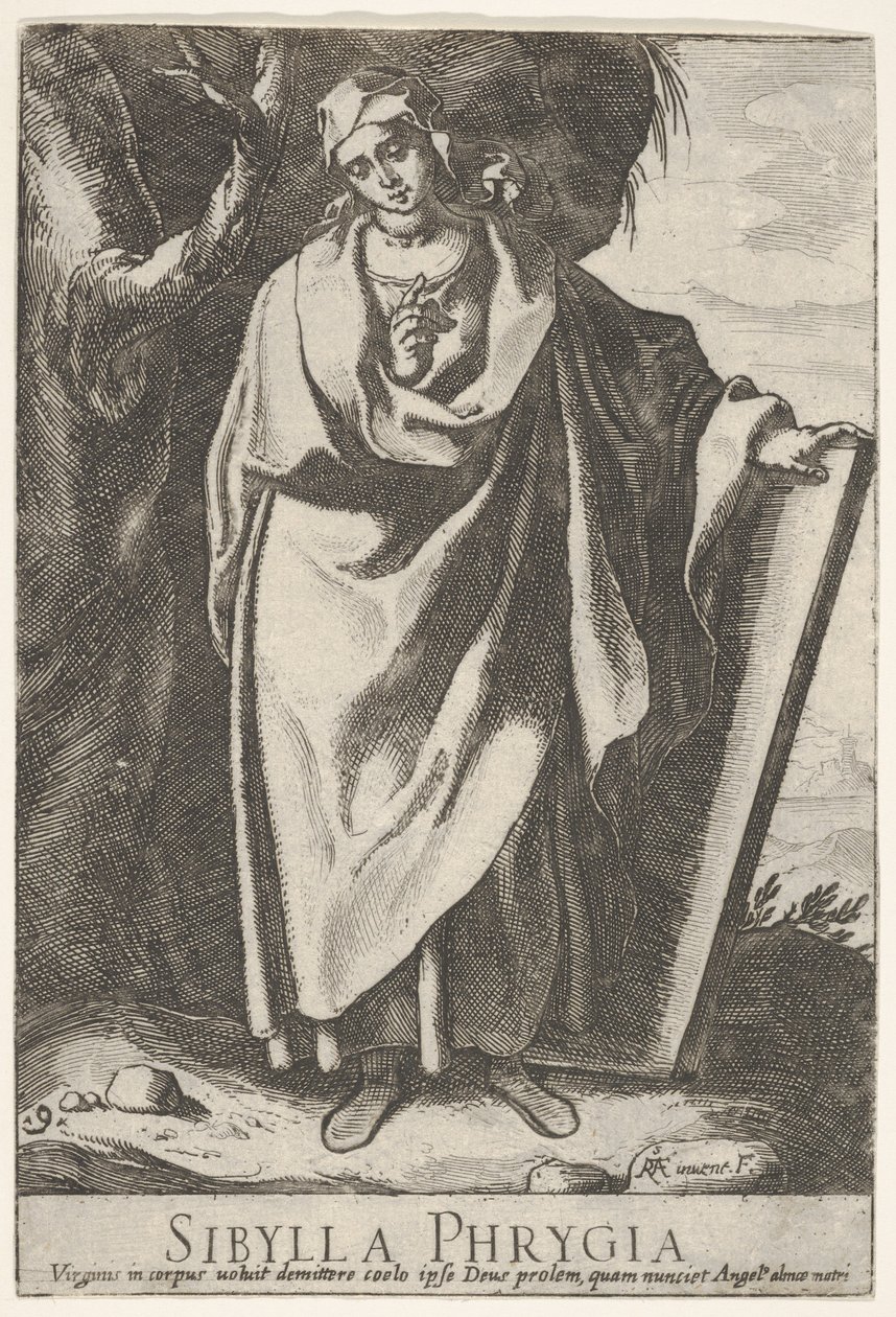 Plade 9: den frygiske sibylle, der holder toppen af en tablet med venstre hånd og peger mod..., 1609. af Raffaello Schiaminossi