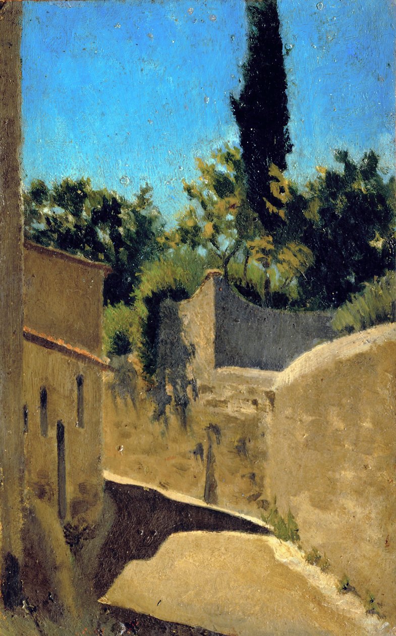 Vej med soleffekt. Omgivelser i Firenze, ca. 1861-62 (olie på karton) af Raffaello Sernesi