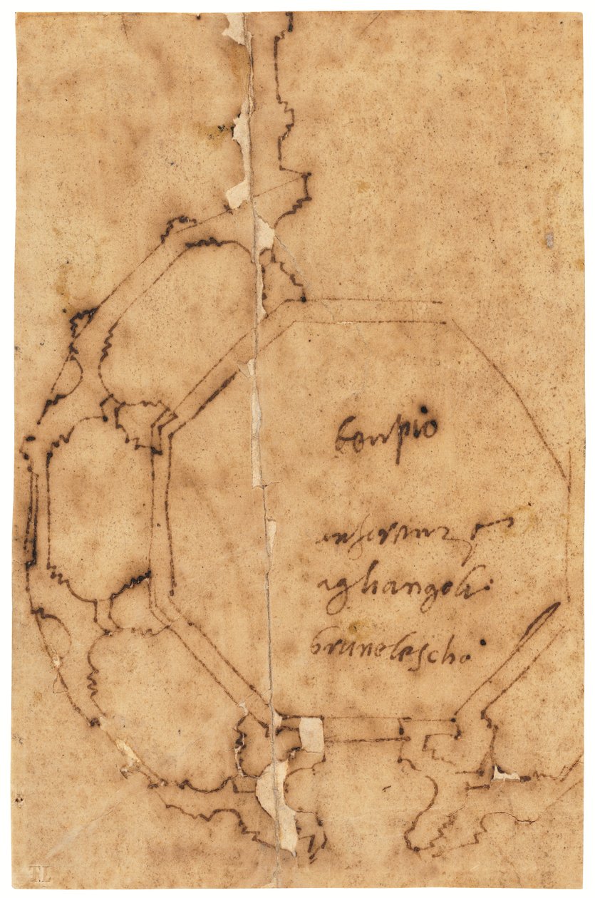 En grundplan af Santa Maria degli Angeli, Firenze (pen og brunt blæk, på oliebehandlet kalkerpapir) af Raffaello da Montelupo