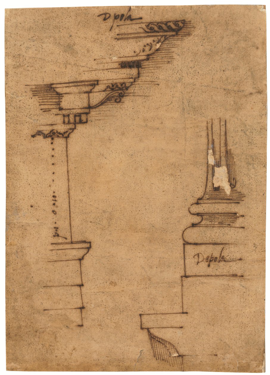Design til en entablement og basen på en piedestal (pen og brunt blæk, på oliebehandlet kalkerpapir) af Raffaello da Montelupo