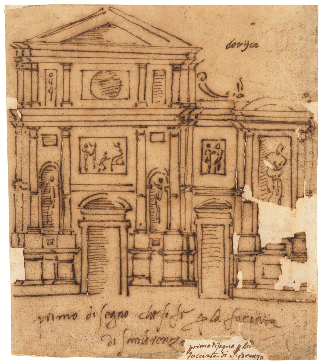 Design til facaden på San Lorenzo, Firenze (pen og brunt blæk, på oliebehandlet kalkerpapir) af Raffaello da Montelupo