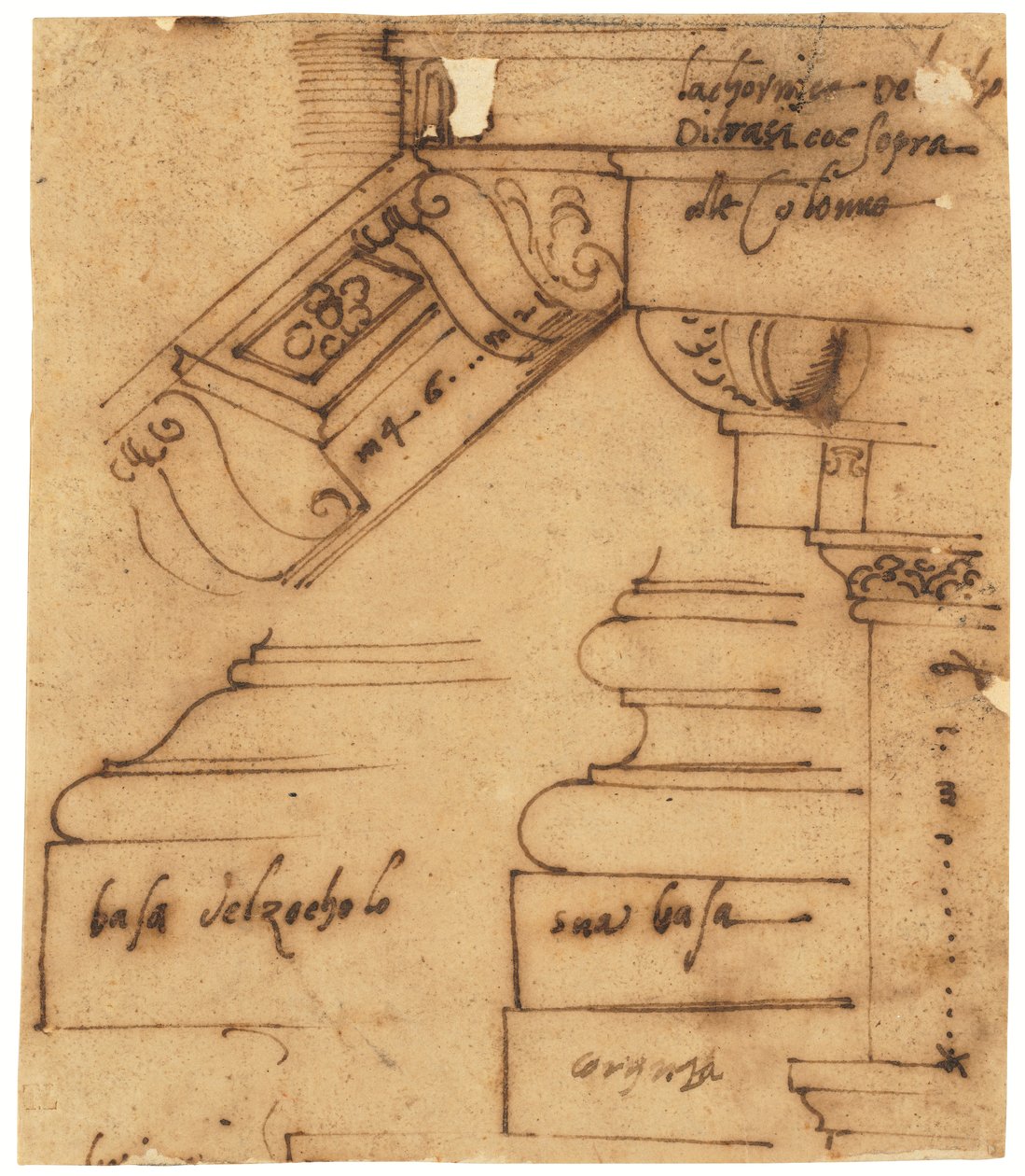 Skitser af forskellige elementer af Konstantinsbuen, Rom (pen og brunt blæk, på oliebehandlet kalkerpapir) af Raffaello da Montelupo