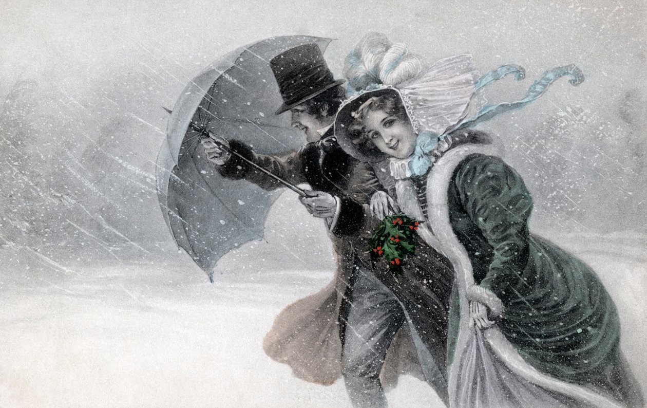 Par i snestorm med paraply slutningen af 19. århundrede/begyndelsen af 20. århundrede (tryk) af Raimund Ritter Von Brennerstein (1862 1925) Wichera