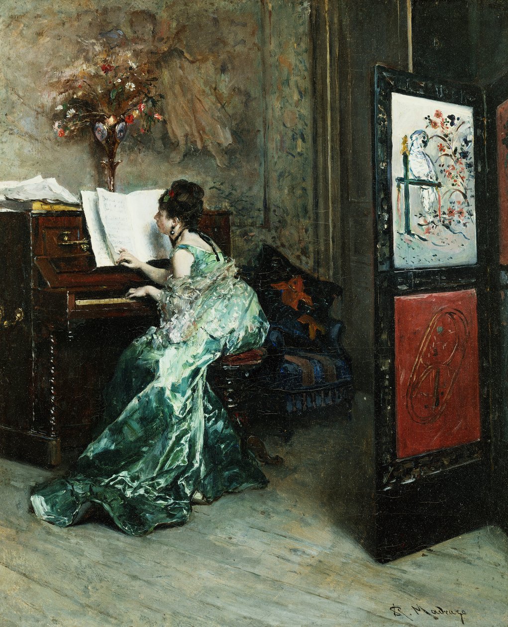 En dame, der spiller klaver i et interiør, af Raimundo de Madrazo y Garreta