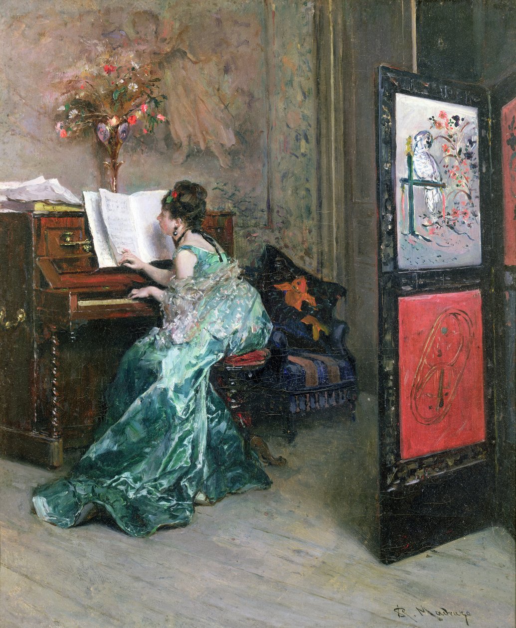 Dame spiller klaver i et interiør af Raimundo de Madrazo y Garreta