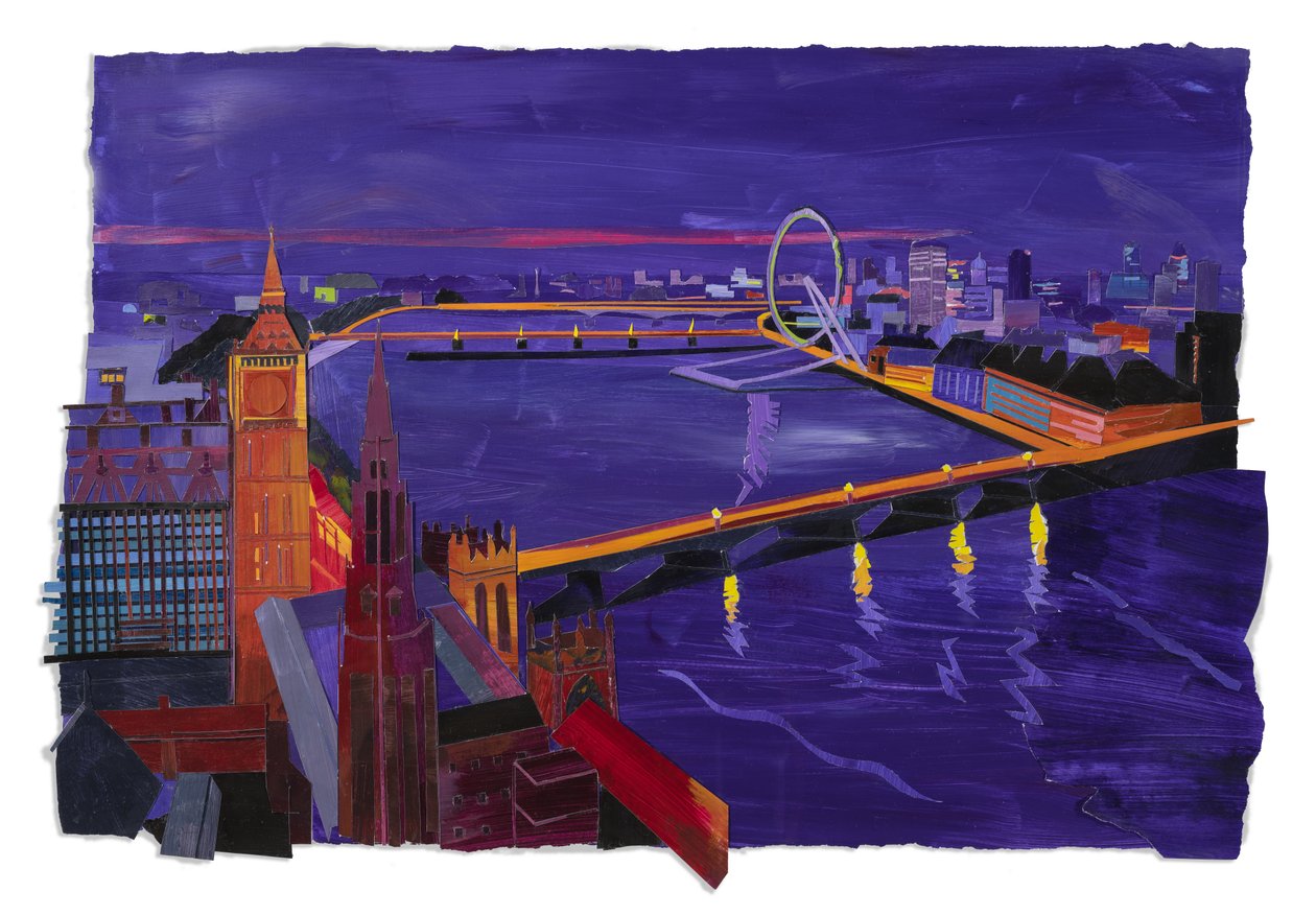 Westminster at Night, 2022 (akryl og collage på papir) af Raina Goran