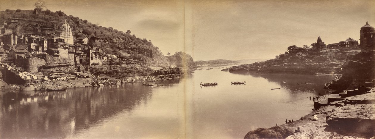 Todelt panorama med udsigt over Narmada-floden ved Omkareshwar af Raja Deen Dayal