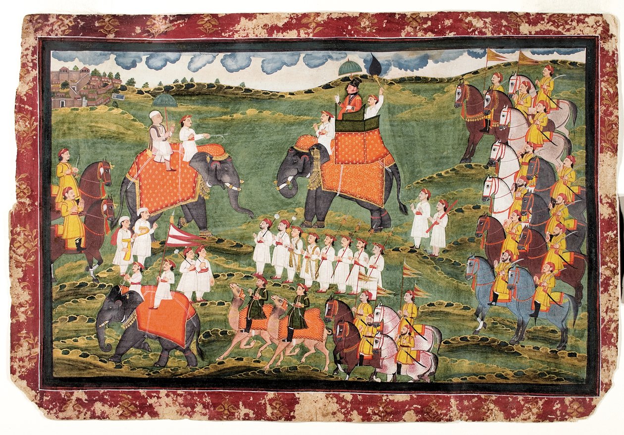 Oberst James Tod og Guru Gyanchandra rider på elefanter nær Udaipur, oktober 1822 af Rajasthani School