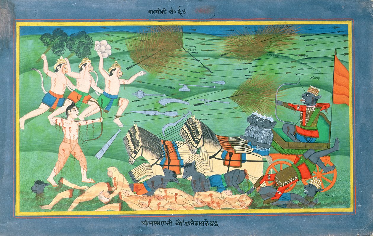 Slaget om Lanka, mellem Rama og Ravana, konge af Rakshasas, fra Ramayana, tidligt i det 19. århundrede (wc på papir) af Rajasthani School