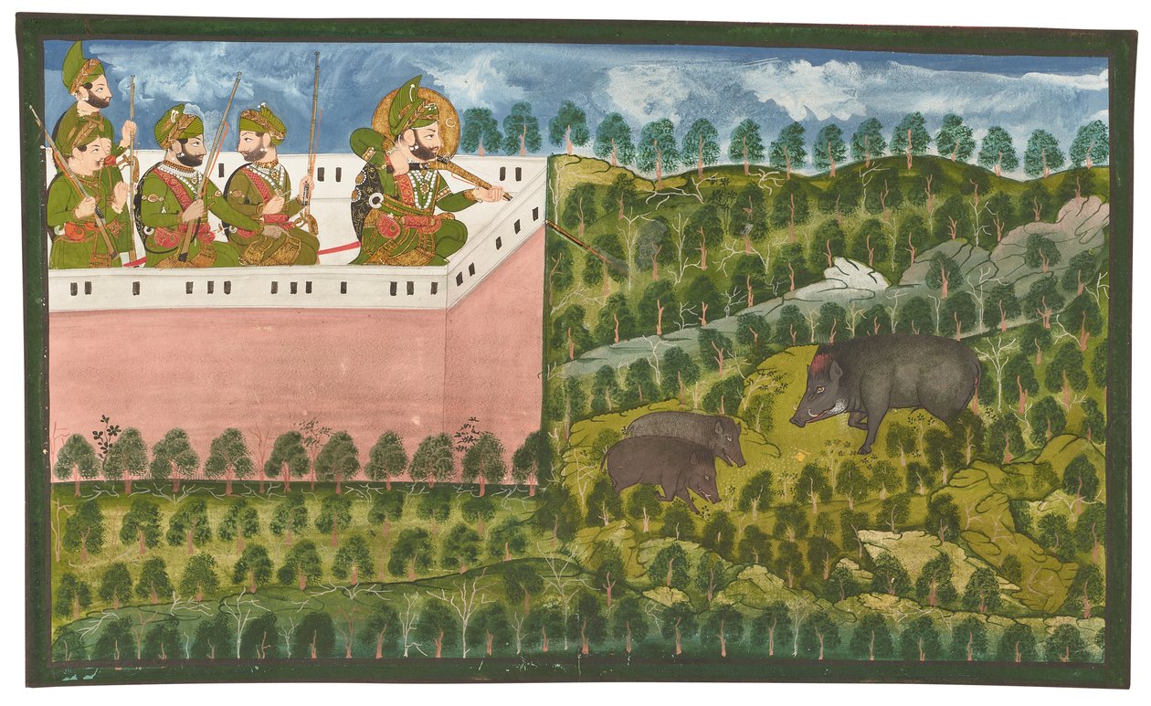 Et maleri af Maharana Jawan Singh (r.1821-38) på jagt efter vildsvin af Rajasthani School