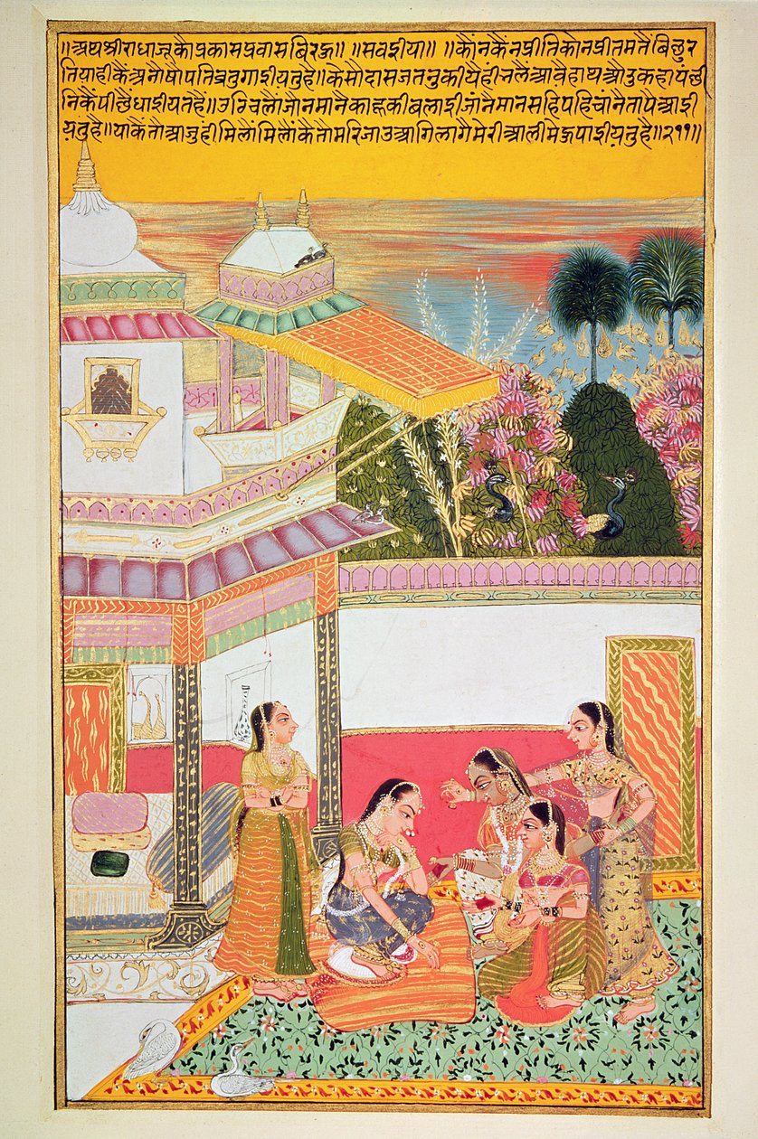 Kvinde, der dør i håndflader, fra Bundi, 1800 (wc på papir) af Rajasthani School