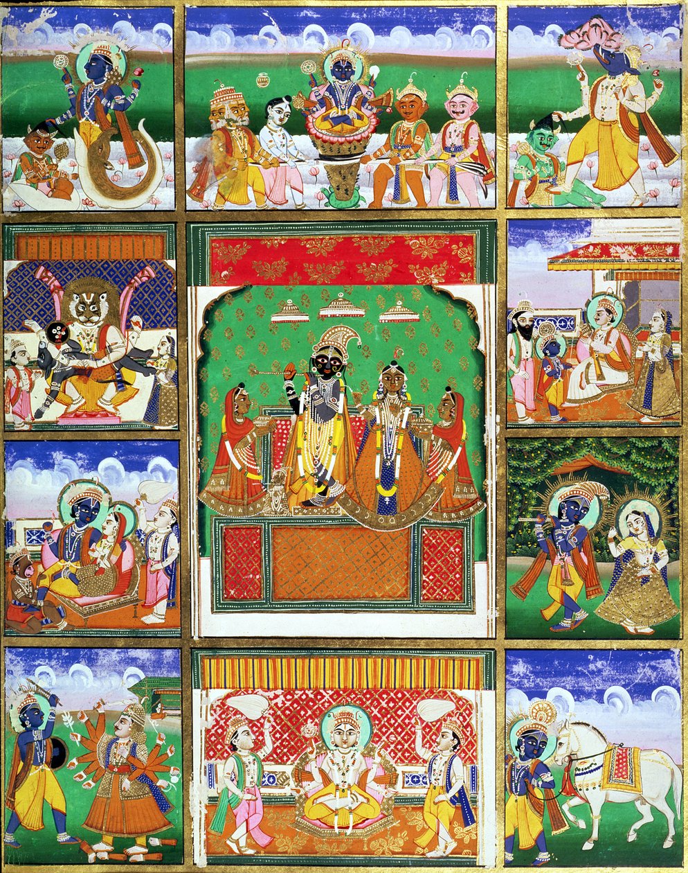 Vishnu i midten af hans ti avatarer, Jaipur, Rajasthan af Rajput School