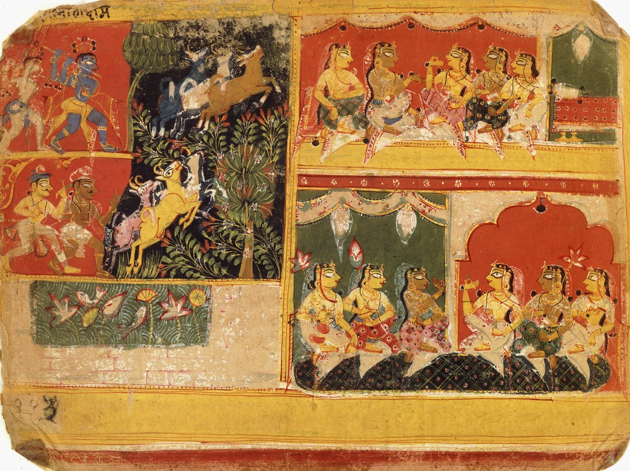En illustration til "Bhagvata Purana", bog X, kapitel 21, ca. 1525 af Rajput School