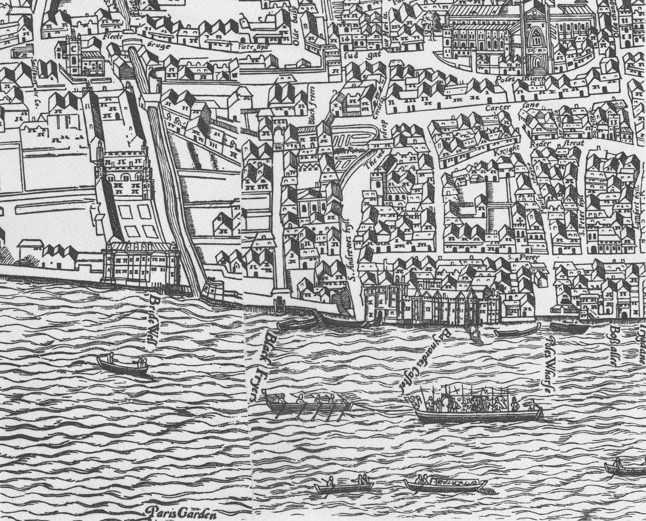 Detalje af Themsen og St Pauls Cathedral fra Civitas Londinium træbloktryk af Ralph Agas