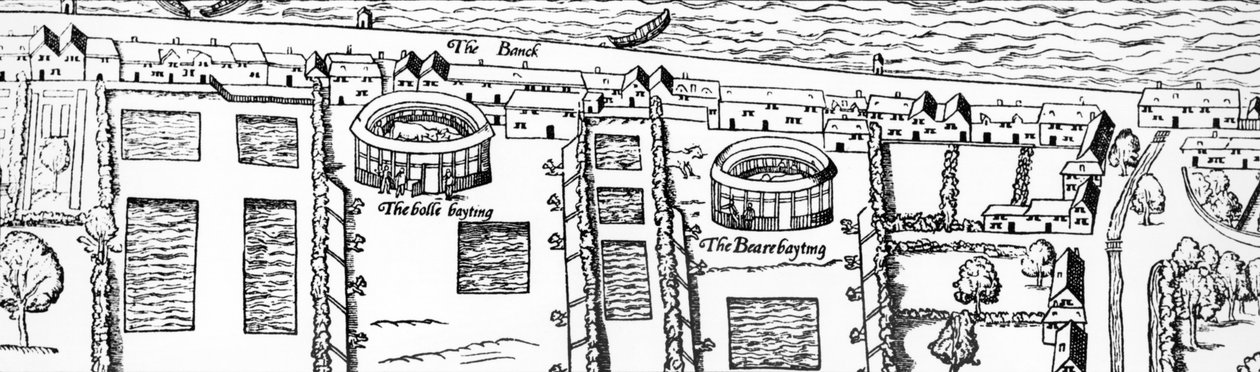 Stedet for Shakespeares teater, detalje af Civitas Londinum, kort over London, træsnit fra 1560 af Ralph Agas