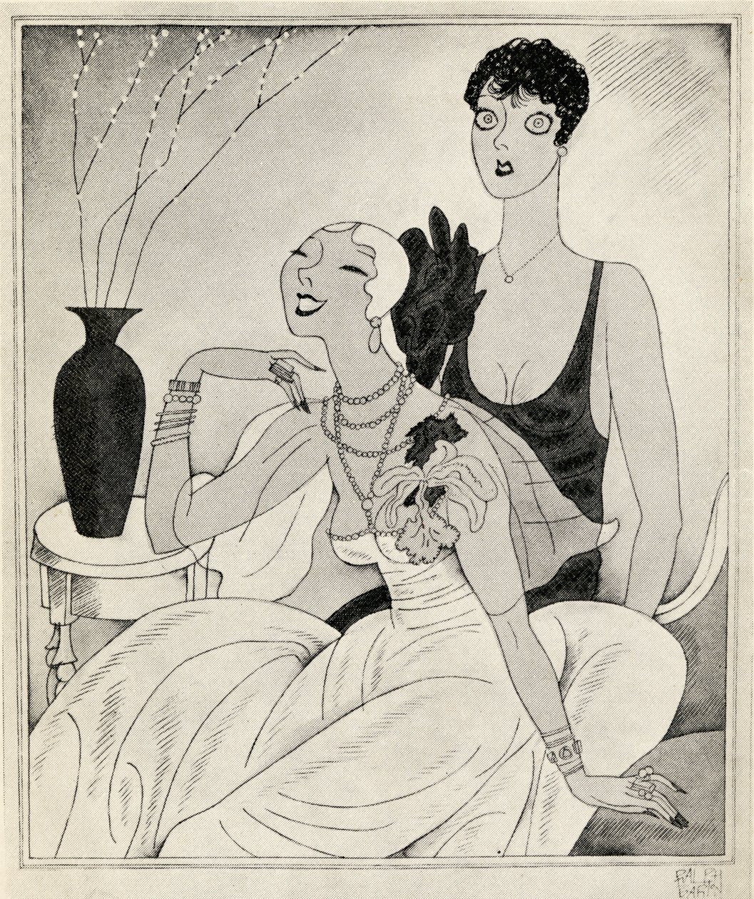 Lorelei og Dorothy, illustration fra "But Gentlemen Marry Brunettes" af Anita Loos, udgivet i 1928 af Ralph Barton