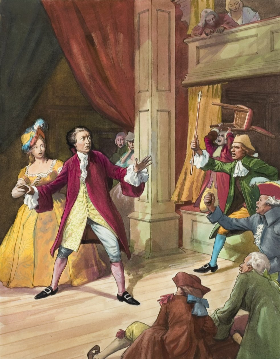 David Garrick (1717-79) står over for et oprør fra teatergængere (gouache på papir) af Ralph Bruce