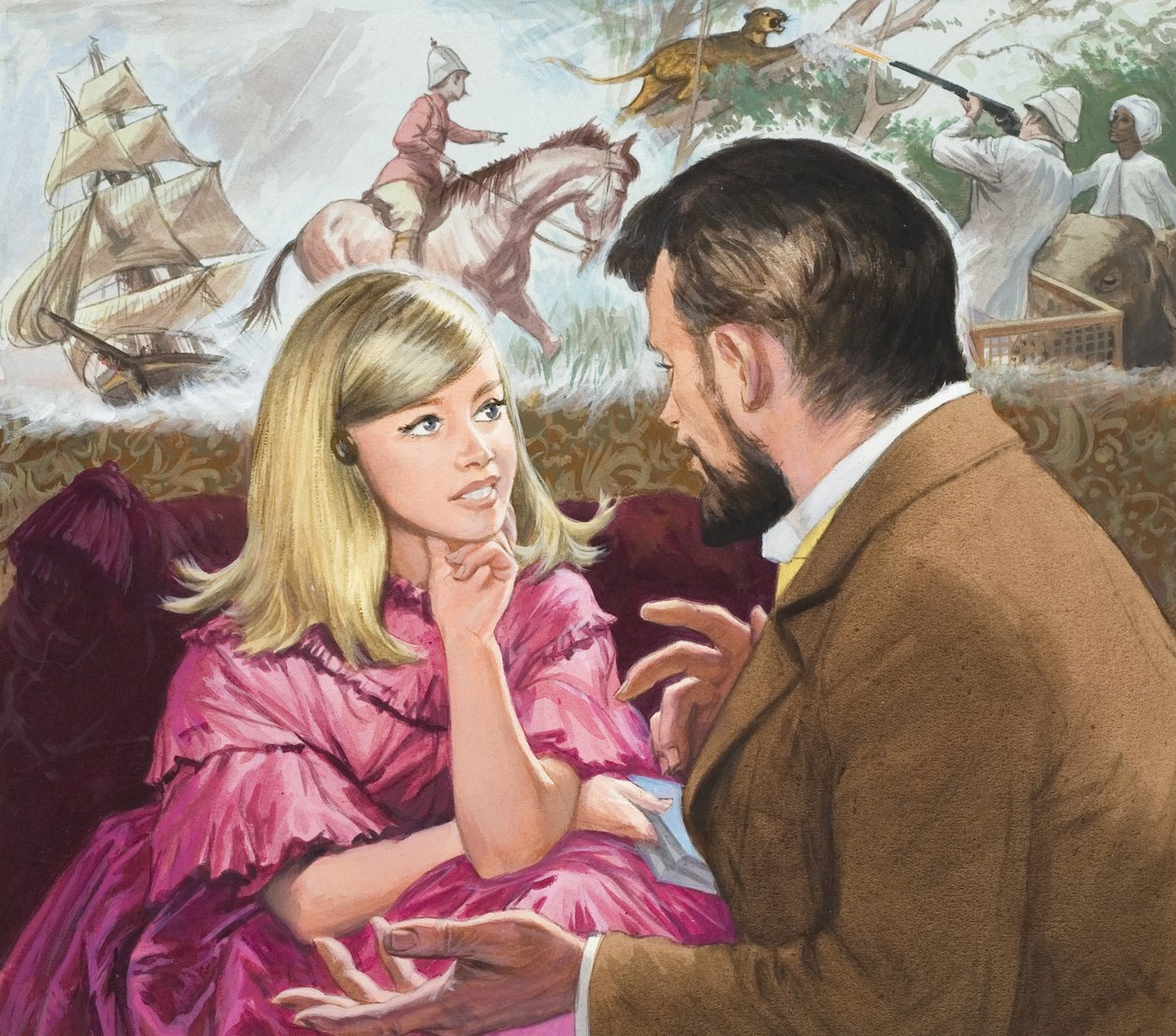 Mary Kingsley (1862-1900), den opdagelsesrejsende, lytter til sin onkel, historiefortælleren Charles Kingsley (1819-75) (gouache på papir) af Ralph Bruce