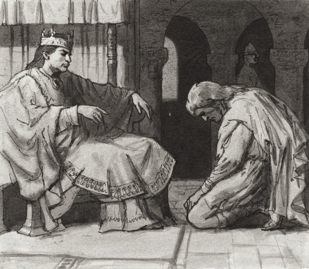 Walteof, jarl af Northumbria foran kong William I (gouache på papir) af Ralph Bruce
