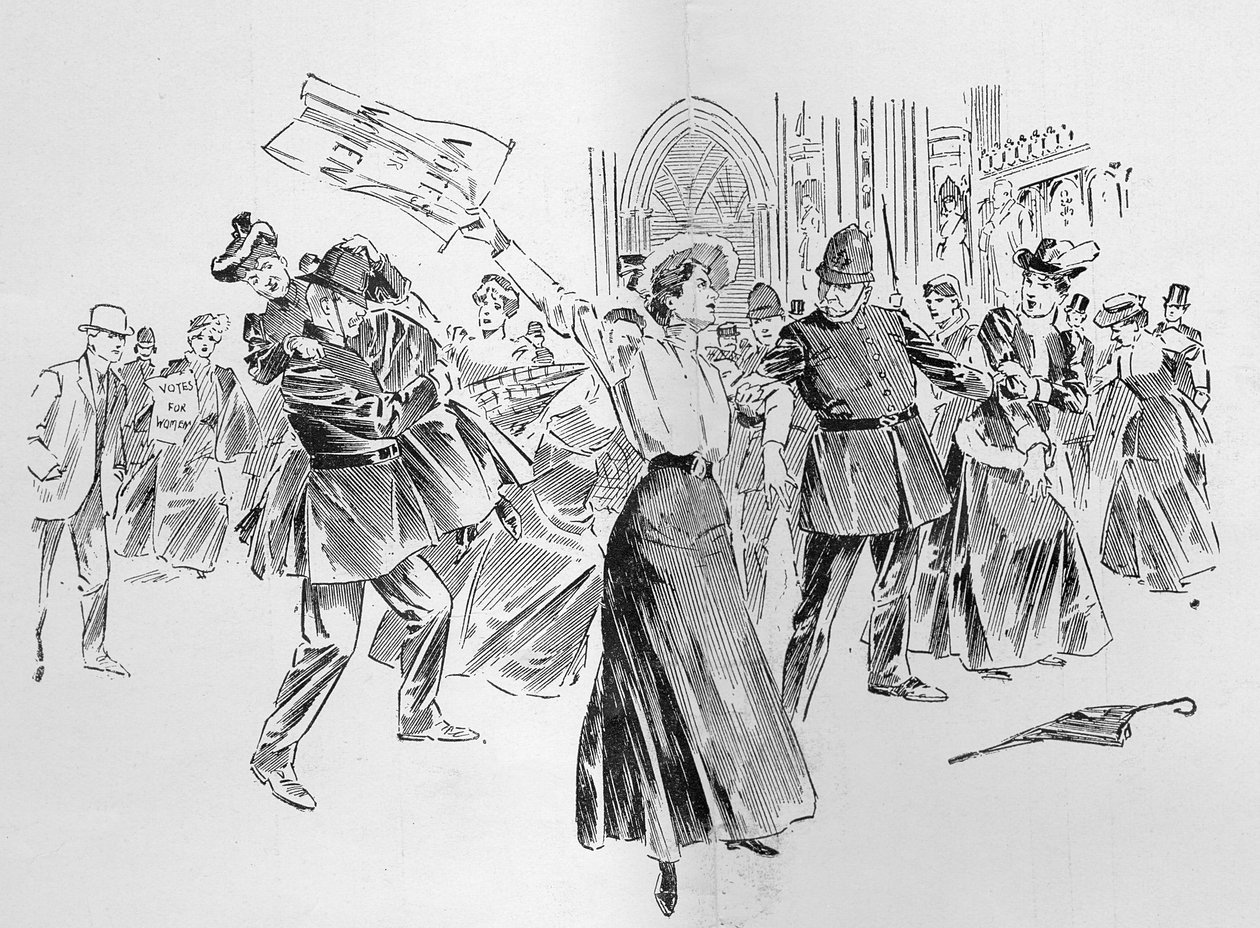 The Irrepressible Suffragettes Create a Diversion in the Lobby, fra en artikel med titlen "The Reassembling of Parliament", offentliggjort i "The Graphic", 27. oktober 1906 af Ralph Cleaver